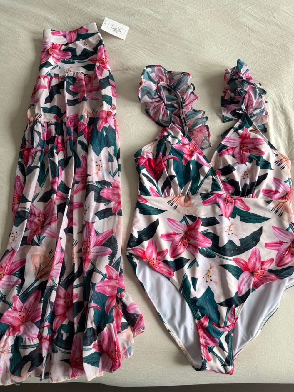 BLAKELY Floral Ruffle One-Piece Swimsuit and Maxi Skirt Set - Pink Floral